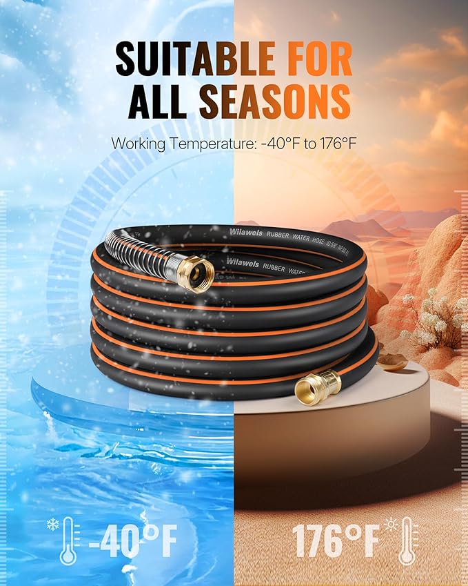30FT x 5/8" Garden Hose, Heavy Duty Rubber Garden Water Hose, 300 PSI Working, 1000 PSI Burst, Swivel Handle with Stainless Steel Ring, 5-Layer Braided, All-Weather Outdoor Use, BG30GH06