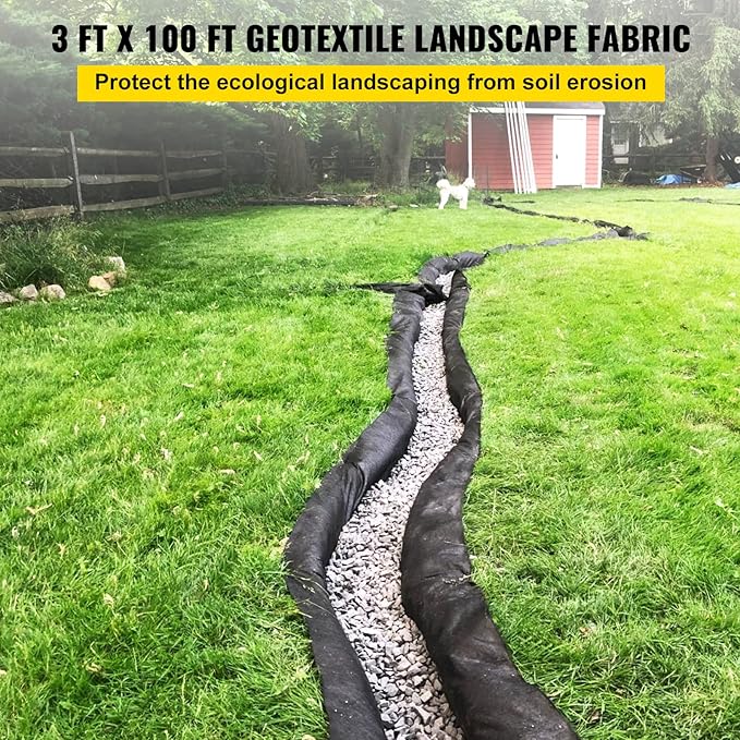 VEVOR Geotextile Landscape Fabric, 3ft x 100ft 4 oz, Non-Woven PP 350N Tensile Strength & 440 N Load Capacity, Drainage Ground Cover, Garden Weed Barrier, French Drains, Black