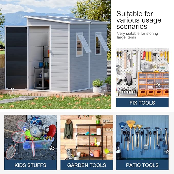 8x4 FT Resin Storage Sheds with Floor and Adjustable Openable Windows, Large Waterproof Garden Sheds with Base, Outside Plastic Sheds with 2 Windows for Backyard Garden Patio Lawn Tools Storage, Gray