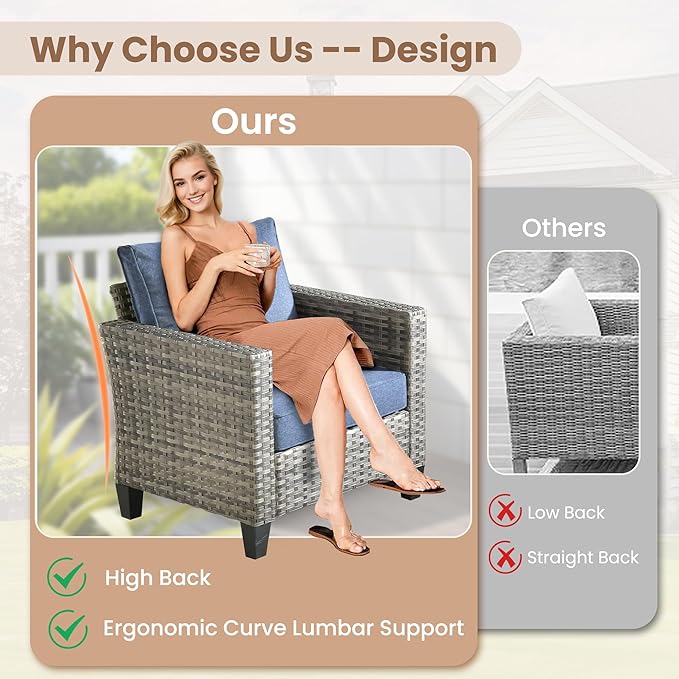 HOOOWOOO Outdoor Patio Furniture Set,6 Pieces Wicker Conversation Set,All Weather Couch Set with Swivel Chairs Ottoman Side Table 7 Seaters for Out Door Yard(Denim Blue)