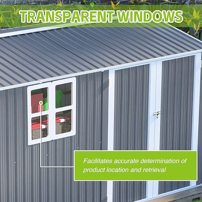 8x12FT Outdoor Storage Shed,XL Heavy-Duty Metal Shed W/Window & Floor Frame,Garden Tool House W/ 4 Air Vents,Dual Sliding Hinged Door & Sloped Roof,for Backyard,Patio,Lawn,Grey