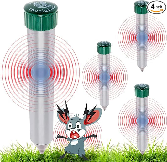 4 Pack Sonic Mole Chaser - Battery Operated Pest Repeller Stake, Scares Away Moles, Voles, Gophers and Rats by GreenLighting (Metal & Green)