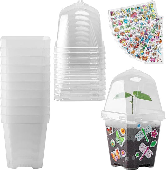 EBaokuup 10 Pcs Clear Plant Nursery Pots with Humidity Dome-3" Reusable Plastic Gardening Pot with Printed Labels-Small Seed Starting Pots for Seedlings,Vegetables,Succulents,Cuttings