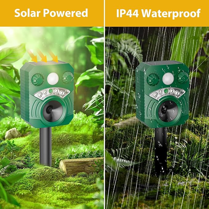 1 Pack Solar Deer Cat Repellent Device Outdoor Bird Squirrel Deterrent with Motion Activated Sensor Ultrasonic Flashing Light to Scare Rats Chipmunk Raccoon Away from Yard Lawn - Waterproof