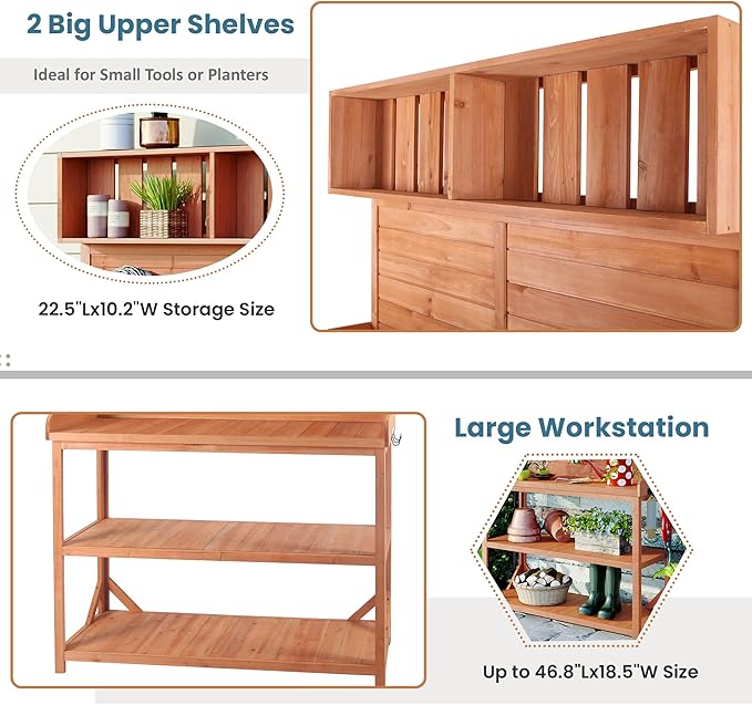 Outdoor Wooden Potting Bench Table – Farmhouse Garden Workstation with Drawers, Cabinet & Storage Shelves, Large Fir Wood Work Table for Patio, Backyard, Mudroom, Greenhouse (Natural, 65'' H)