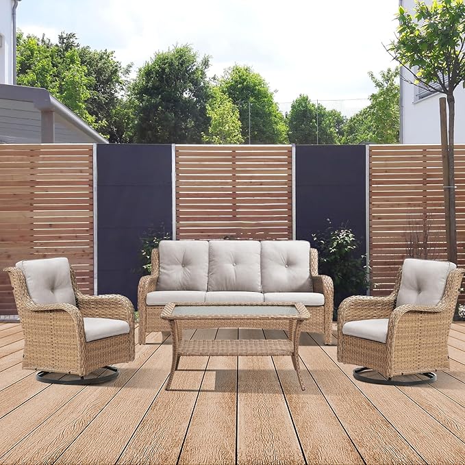 4 Piece Patio Furniture-All-Weather PE Wicker Outdoor Patio Furniture with Swivel Rocker Chairs,Outdoor Couch, Set with Coffee Table