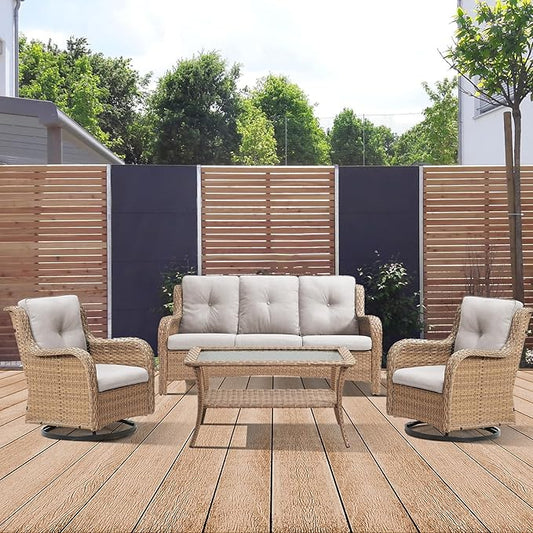 4 Piece Patio Furniture-All-Weather PE Wicker Outdoor Patio Furniture with Swivel Rocker Chairs,Outdoor Couch, Set with Coffee Table