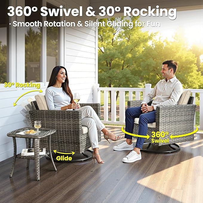 ovios 10 Pieces Patio Furniture Set with Swivel Chairs Rocking Gliders, 54" Fire Pit Table, Outdoor Sofa Couch with Solar Lights Table, Modern Deep Seat Wicker Rattan Conversation Set, Beige