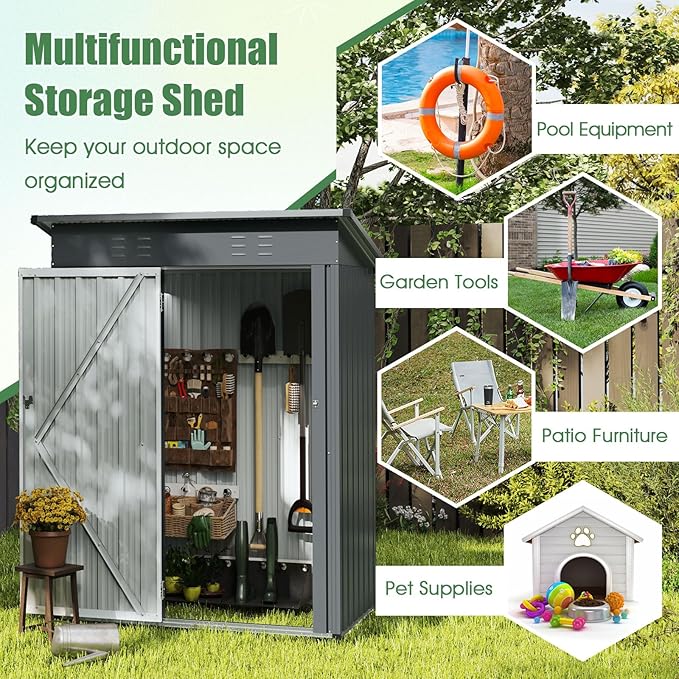 Goplus 5 x 3 FT Outdoor Storage Shed, Galvanized Metal Tool House w/Sloped Roof, 2 Vents, Lockable Door, Waterproof & Windproof Utility Tool Organizer for Garden, Backyard, Lawn, Patio, Gray