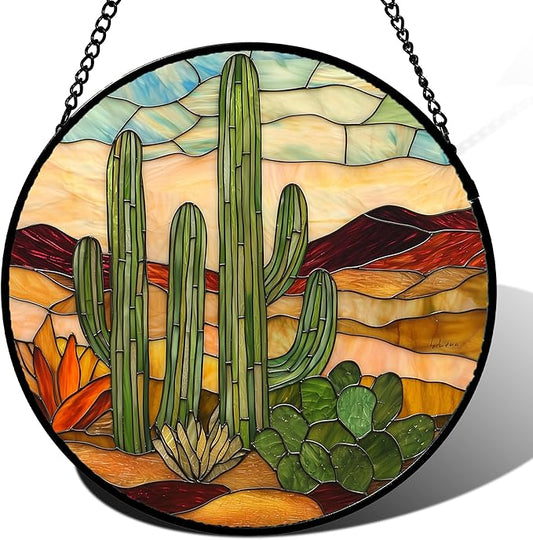 Stained Glass Window Hanging, Green Cactus Sun Catcher for Door Terrace Garden Home Decor, Abstract Desert Landscape Suncatcher Birthday Gifts for Lovers Women Men Dad Mom Nana 11.8 in