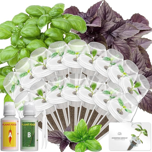 Hydroponics Seed Pod with Genovese Basil & Purple Basil, 16 Pods Complete Kit with Sponge, Basket, Dome, Label, Compatible with AeroGarden, Ahopegarden, GARDENCUBE, iDoo & MUFGA Indoor Smart Gardens