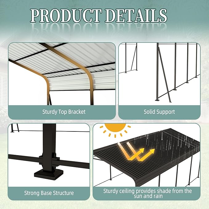 KEIKI 12x20 FT Heavy-Duty Metal Carport - Galvanized Steel Car Cover with Roof & Frame Kit, Outdoor Garage Shelter for Cars, Trucks, Boats, RV & Vehicle Protection