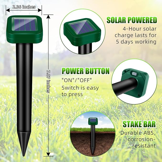 8Pack Mole Repellent Solar Powered, Waterproof Ultrasonic Mole Repellent Stakes Outdoor to Deterrent Gopher, Chipmunk, Squirrel, Vole, Snake, Armadillo, Groundhog Out of Lawn & Garden
