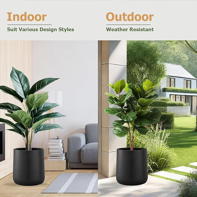 14" H x 13.7" D Conico Fiberstone Round Planter with Drainage Hole, Smooth Finishes, Weather Resistant for Indoor and Outdoor Use, Included 2 Extra Coco Mats (Black, 10.6" Pot Opening)