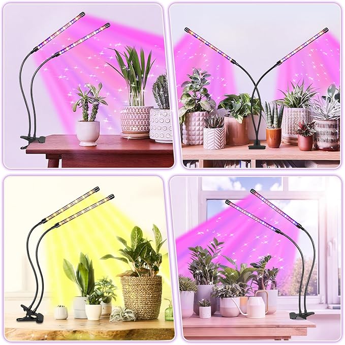 Black 2-Tube Clip-On Grow Light with Red/Blue/Yellow LEDs, Full Spectrum, 6/12/16H Timer, 3 Modes & 10 Dimmable Levels, for Indoor Plants (8W) (2 Pack)