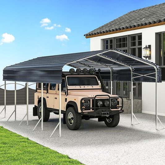 12x20' Heavy Duty Metal Carport – Sturdy Structure, All-Weather Protection, Easy Assembly for Cars, Trucks, Boats, Tractors, and Outdoor Storage (Grey, 12x20FT)