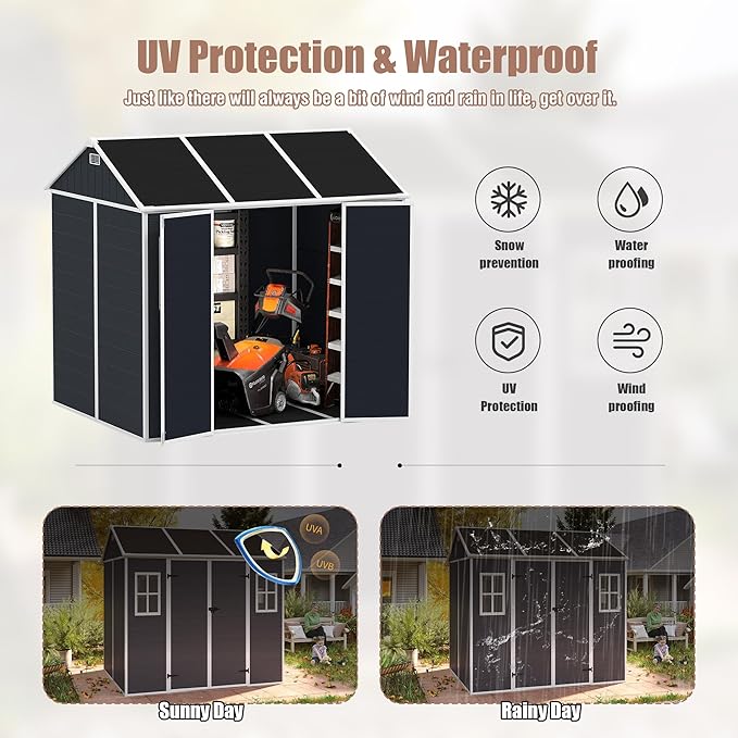 Outdoor Storage Shed 8x7 FT, Resin Shed with Floor & Window, Lockable Door, Vents, Outside Sheds & Garden Shed for Patio Furniture, Gardening Tools, Pool Equipment (Dark Gray, 8 * 7ft)
