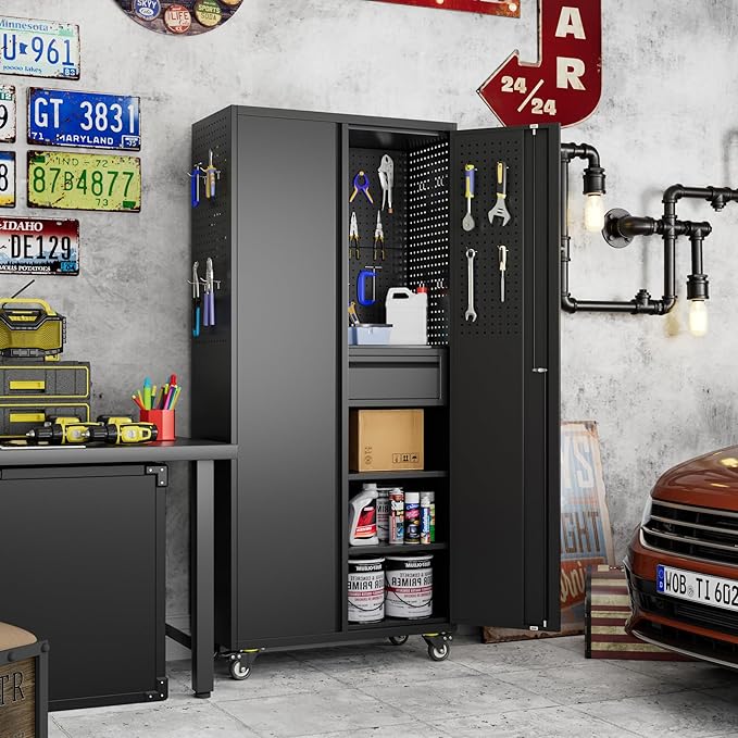 71" H*15" D*30" W Metal Garage Storage Cabinet with Wheels and Doors,Lockable Tool Storage Cabinet with Pegboard Hooks and Drawer for Garage Warehouse Home,Required Assembly,Black