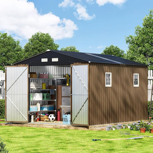 10X12X7.5 FT Outdoor Steel Storage Shed with Lockable Doors, 2 Windows, Transparent Roof Panels, Metal Frame Floor (Wood Panels Not Included), Ideal for Backyard, Patio Storage,Chicken Coop，Brown