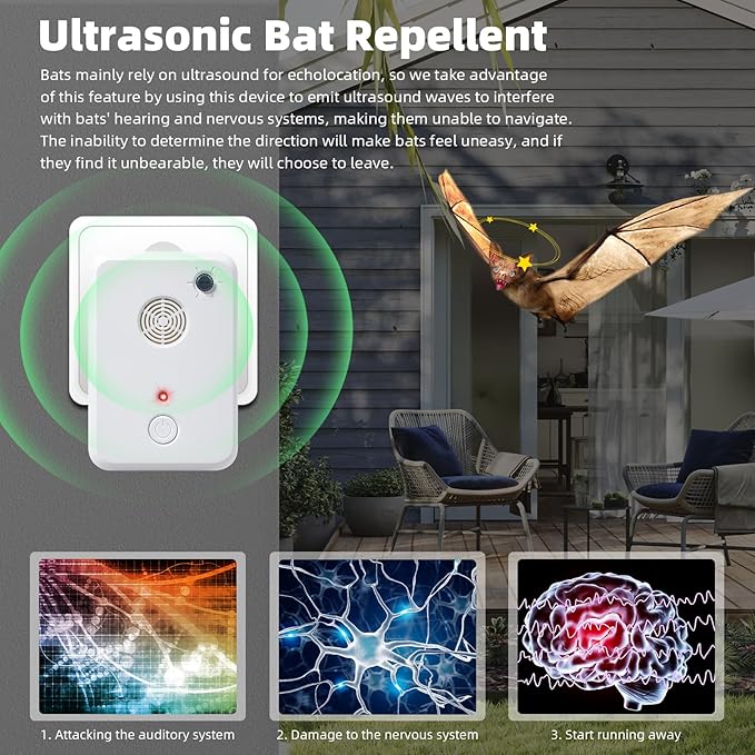 2 Pcs Ultrasonic Bat Repellent for Attic Porch House, Bat Deterrent Devices Indoor, Electronic Plug in Bats Keep Away Reject Repelling System Removal Device for House,Human and Pet Safe