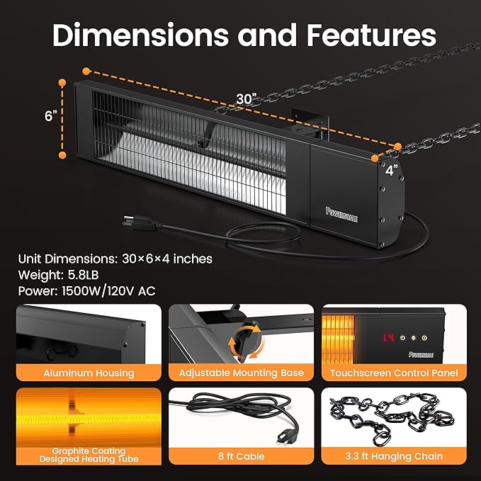 1500W Outdoor Heaters for Patio with 36H Timer, 0.5 Sec Instant Heating, Memory Function, Outdoor Heater, Black – Perfect Outdoor Heaters for Patio & Backyards