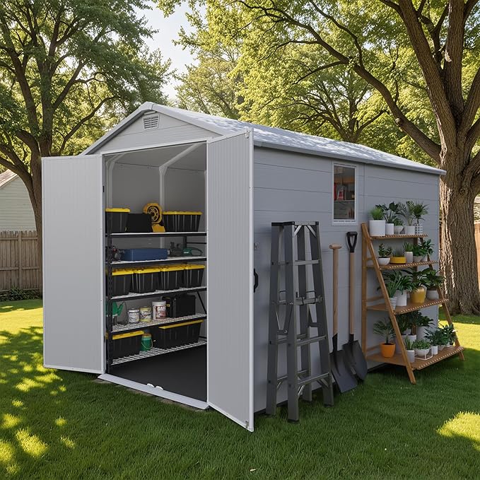 Patiowell 6 x 10 FT Plastic Outdoor Storage Shed with Floor, Resin Outside Tool Shed with Two Windows and Lockable Door for Garden, Backyard, Tool Storage Use, Easy to Install, Light Grey