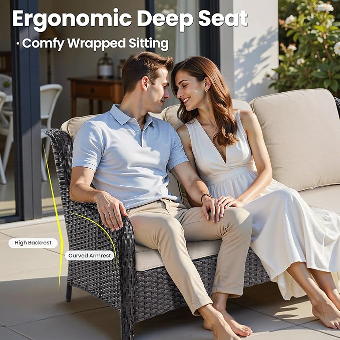 ovios 9 Pieces Patio Furniture Set, Outdoor Wicker Sofa Couch with Swivel Chairs Ottomans Comfy Cushions, All Weather High Back Modern Conversation Sets, Brown Rattan, Beige