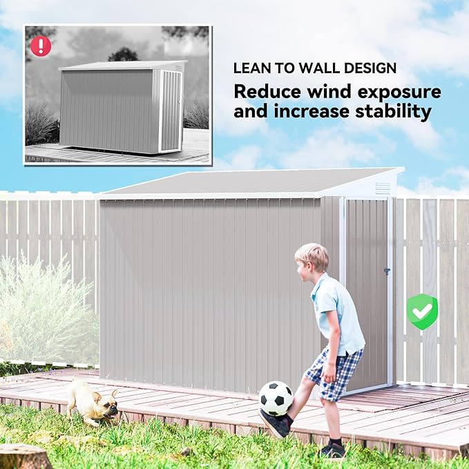 Outsunny 4' x 7.7' Metal Outdoor Storage Shed, Lean to Storage Shed, Garden Tool Storage House with Lockable Door and 2 Air Vents for Backyard, Patio, Lawn, Light Gray