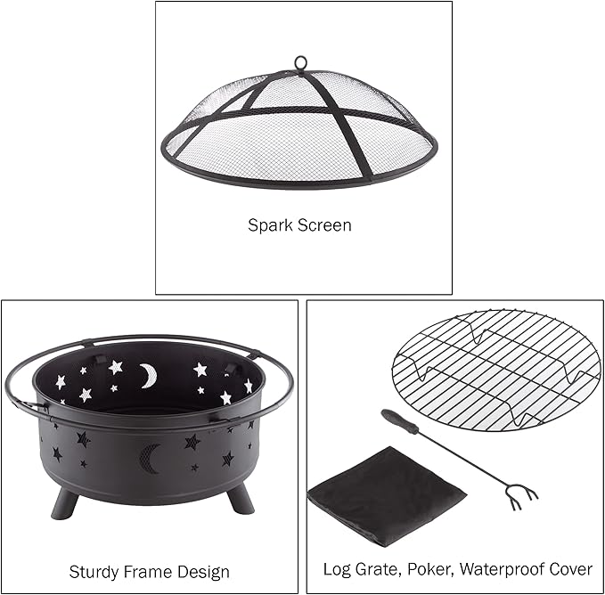 Fire Pit - 32-Inch Outdoor Wood Burning Firepit with Screen, Poker, and Cover - Outdoor Fire Pits for Backyard, Deck, or Patio by Pure Garden (Black)