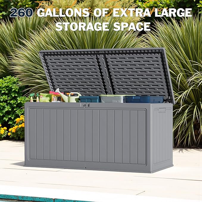 Greesum 260 Gallon HDPE Outdoor Storage Box - Waterproof, Large Capacity Deck Box with Removable Dividers for Patio, Yard, Garden Tools, Light Grey