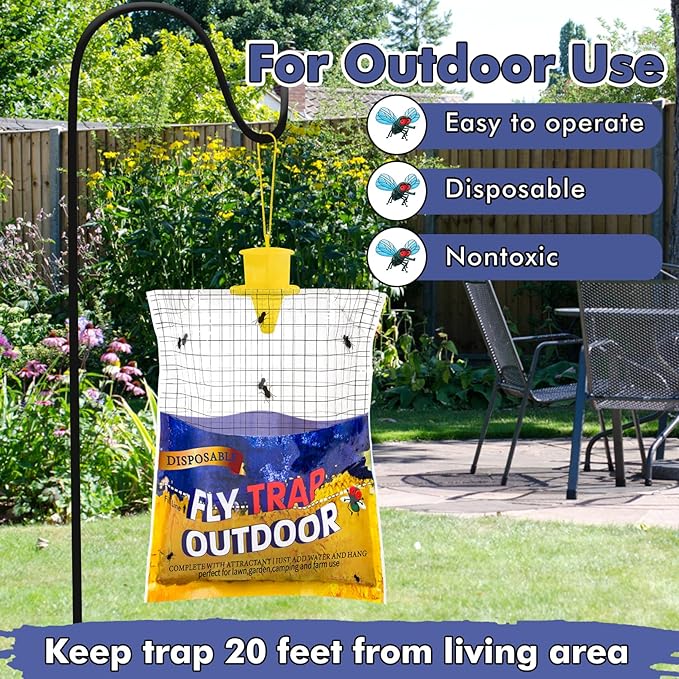 Disposable Fly Traps 4 Pack Big Bags Outdoor, Flies Catcher Traps with Natural Pre-Bait Refill Repellent, Stable Horse Ranch Trapper Outdoor Hanging Fly Killer Helps Control Flies
