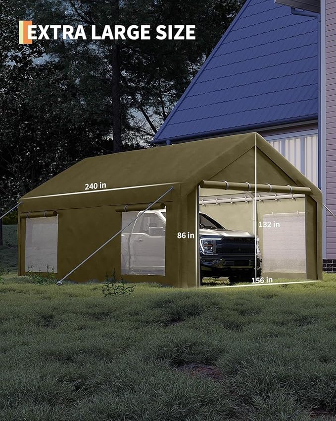 13X20Ft Waterproof Carport Canopy with Roll-Up Mesh Windows & Double Zipper Doors, 200g PE Tarp Cover for Cars, Trucks, SUVs, RVs, Boats & Outdoor Equipment Storage, Khaki