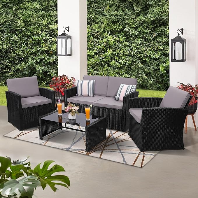 4 Pieces Patio Conversation Set, Outside Rattan Sectional Sofa, Cushioned Furniture Set, Wicker Sofa Ideal for Garden, Porch, Backyard, Black Color Rattan and Light Grey Cushion