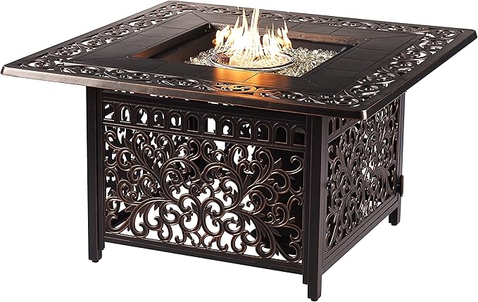 Oakland Living POPPY-4LS-MAYAN-TNCU-AC Black Aluminum Patio Fire Table Set with Four Deep Seating Loveseat with Cushions, Antique Copper