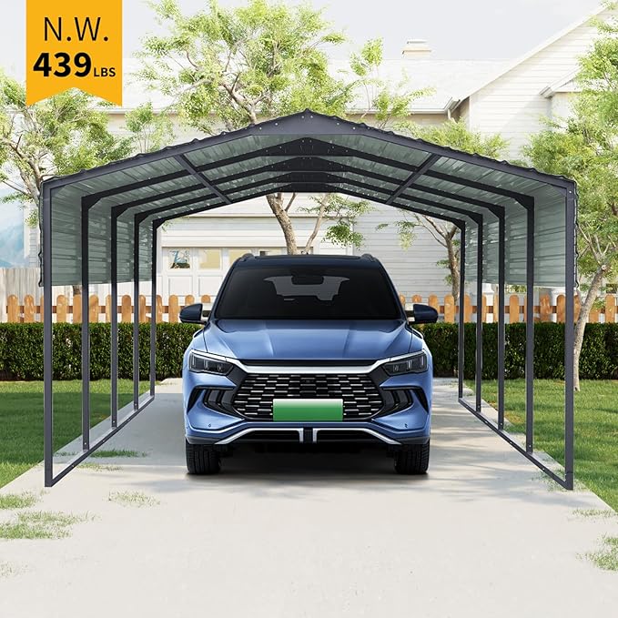 KEIKI 12x20 FT Steel Metal Outdoor Carport with Peaked Roof,Heavy Duty Vehicle Shed Canopy for Car,Truck and Boats