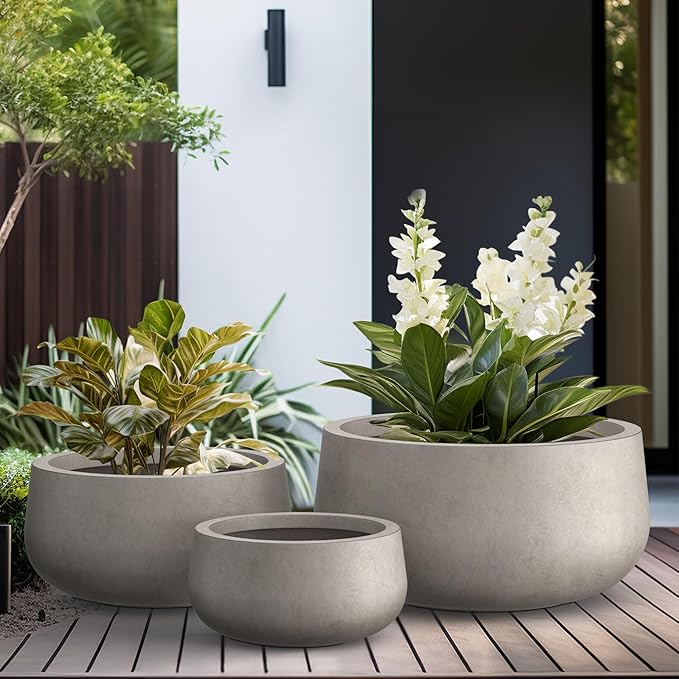 Kante 19.6",15.7",11.8" Dia Round Concrete Planters Set of 3, Outdoor Indoor Garden Plant Pots with Drainage Hole and Rubber Plug, Modern Curvaceous Design, Weathered Concrete