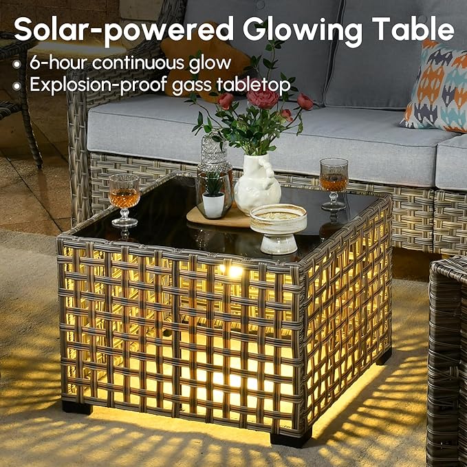 6 Pieces Patio Outdoor Furniture Set,All Weather Wicker Rattan Patio Seating Sofa and Chair Set w/Ottoman and Glowing Coffee Table,Outdoor Conversation Sets for Deck Yard Garden,Grey