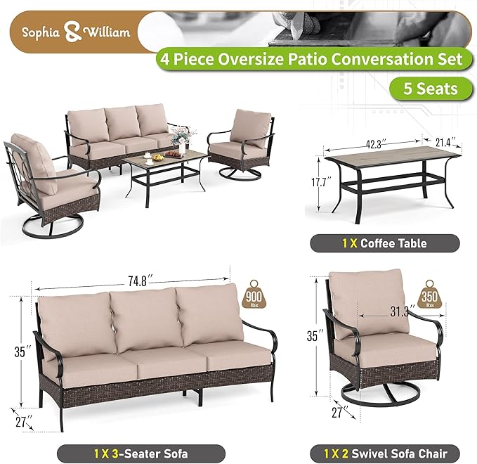 Sophia & William Patio Furniture Set, Outdoor Metal Conversation Set 5 Seats with 3-Seater Sofa, 2 Swivel Chairs, 1 Coffee Table for Seating Lawn Porch Backyard,Beige