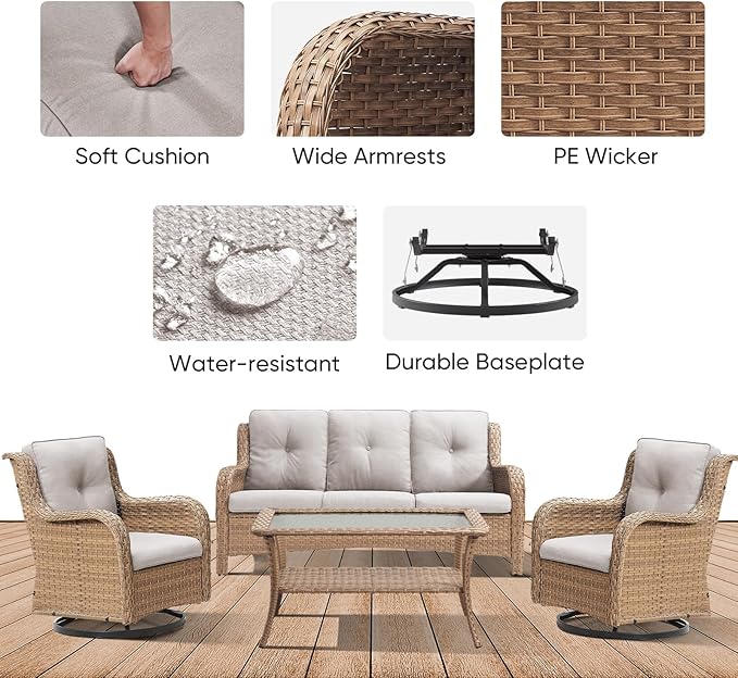 4 Piece Patio Furniture-All-Weather PE Wicker Outdoor Patio Furniture with Swivel Rocker Chairs,Outdoor Couch, Set with Coffee Table