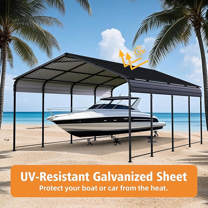 12x20 FT Heavy Duty Metal Carport, Outdoor Car Shelter with Galvanized Steel Roof and Reinforced Base, All-Weather Garage Canopy for Cars, Trucks, Boats, and More, Anthracite