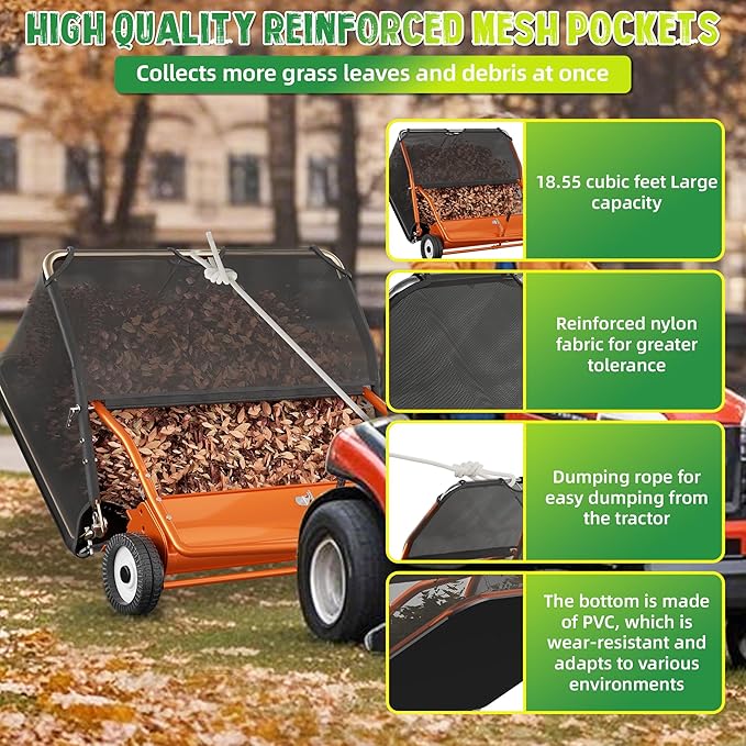 42" Lawn Sweeper Tow Behind, Grass Sweeper Tow Behind with 18.55 cu. ft Large Hopper, Heavy Duty Leaf & Grass Collector, Adjustable Brush Height Lever and Dumping Rope, Lawn and Yard Cleanup Tool