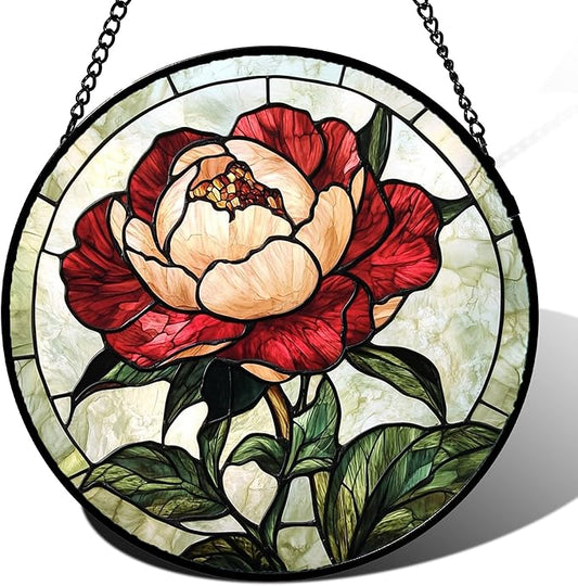 Stained Glass Window Hanging - Peony Suncatcher for Door Garden Home Decor Pink Birth Flower Sun Catcher Christmas Birthday for Friend Lovers Women Mom Nana 11.8 in