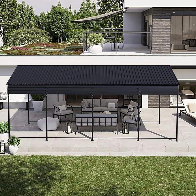 12x20 FT Heavy Duty Metal Carport, Outdoor Car Shelter with Galvanized Steel Roof and Reinforced Base, All-Weather Garage Canopy for Cars, Trucks, Boats, and More, Anthracite