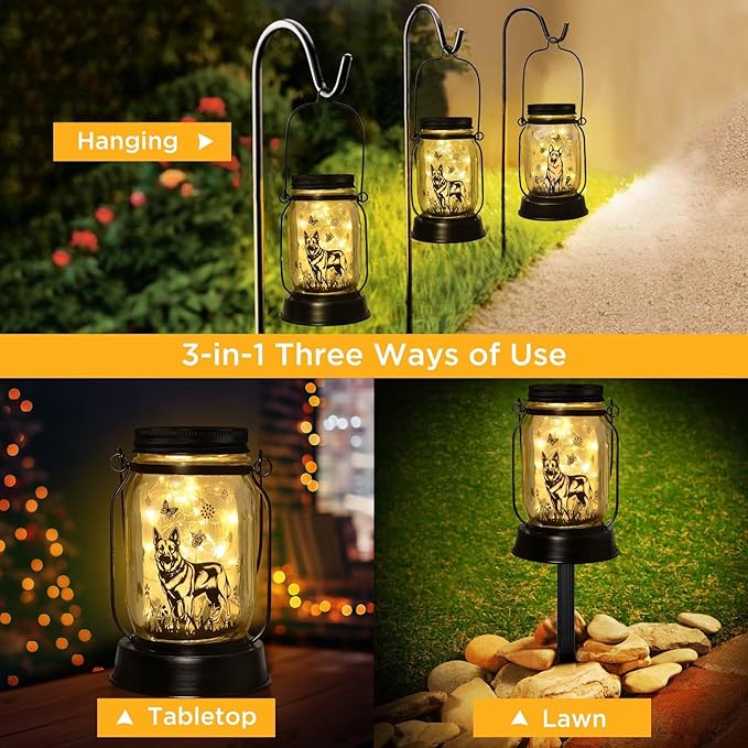 German Shepherd Gifts for Women/Men, German Shepherd Solar Lanterns Dog Mom Birthday, Dog Lovers Lantern, Pet Loss Pet Memorial Lights, Solar Garden Decoration Outside for Yard, Patio,Backyard,Porch