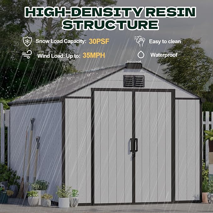 MELLCOM 8 x 12 FT Resin Outdoor Storage Shed with Floor, Outdoor Storage Tool Shed with Windows and Lockable Door, Resin Garden Shed for Lawnmower, Bike, Pool Supply