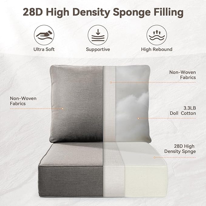 Luxury 6" Outdoor Cushions for Patio Furniture, 24x24x6 Thick Seat Cushion Set of 8, Fade Resistant Couch Chair Replacement Cushions High Density Deep Wicker Chair Cushion w/Removable Cover Gray