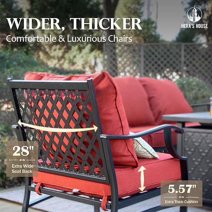 HERA'S HOUSE 5 Piece Patio Furniture Set, 2 x Leg Chair, 2 x Ottoman, 1 x 3-Seat Sofa, All Cushioned 7 Seats Metal Outdoor Conversation Set for Lawn Garden Backyard