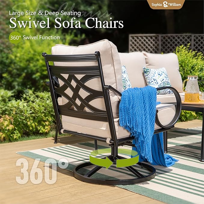Sophia & William 5 Piece Patio Furniture Set, Outdoor Conversation Sets 7 Seat with 3-seat Sofa x 1, Loveseat x 1, Swivel Chair x 2, Metal Coffee Table x 1 for Porch Lawn, Beige