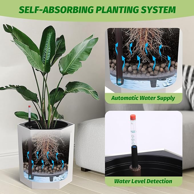 Hexagon Flower Pot, Self-Watering Planter with Water Level Monitoring, Bottom Wheels and Water Outlet, Outdoor & Intdoor Planter Box for Garden, Patio, Balcony, Lounge, White