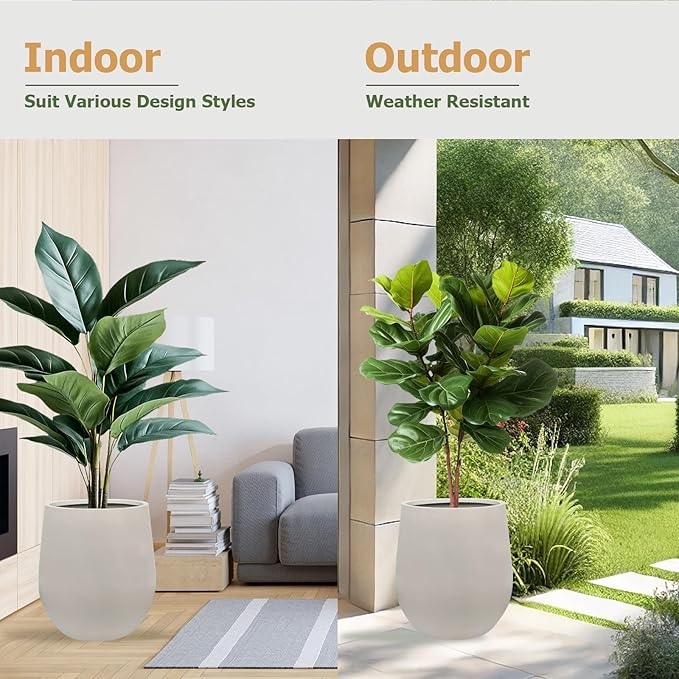 16.5" H x 15" D Corso Fiberstone Round Tapered Planter with Drainage Hole, Smooth Finishes, Weather Resistant for Indoor & Outdoor Use, Included 2 Extra Coco Mats (Taupe, 11.5" Pot Opening)